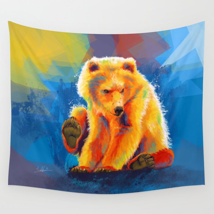 Play with a Bear - Animal digital painting, colorful illustration Wall Tapestry