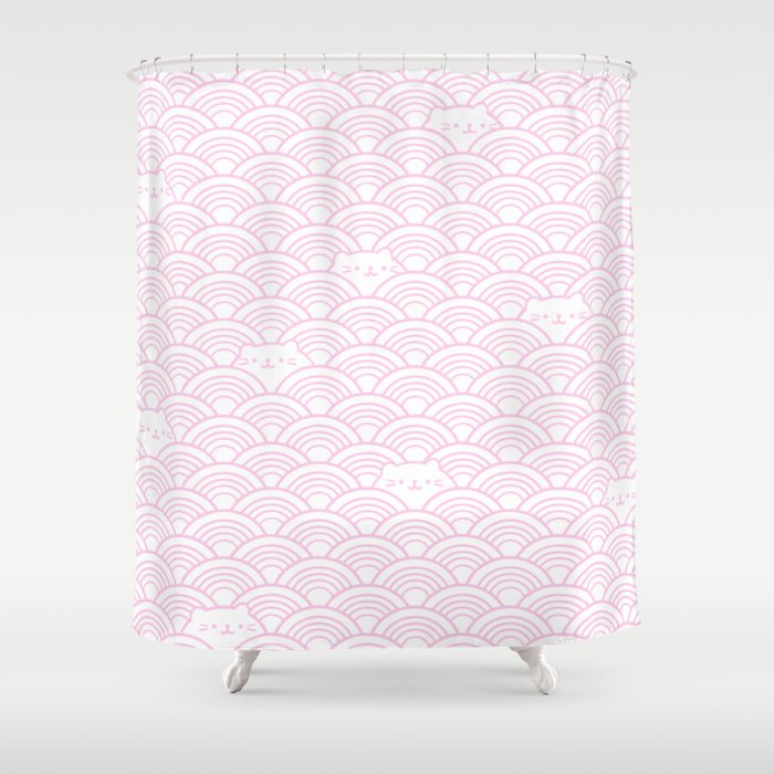 Kawaii neko japanese seigaiha pink Shower Curtain