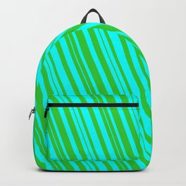 [ Thumbnail: Cyan & Lime Green Colored Lined Pattern Backpack ]