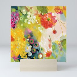 abstract floral art in yellow green and rose magenta colors Mini Art Print