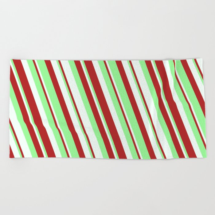 Mint Cream, Red & Green Colored Lined Pattern Beach Towel