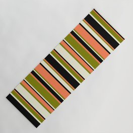 [ Thumbnail: Beige, Green, Coral & Black Colored Stripes Pattern Yoga Mat ]
