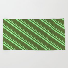 [ Thumbnail: Light Green and Dark Olive Green Colored Lined/Striped Pattern Beach Towel ]