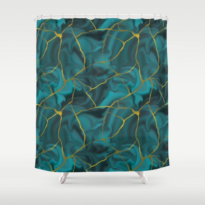 Kintsugi Marble Pattern - Turquoise Gold Shower Curtain