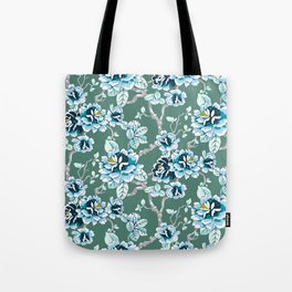 Spring Flowers Pattern Blue on Soft Green  Tote Bag