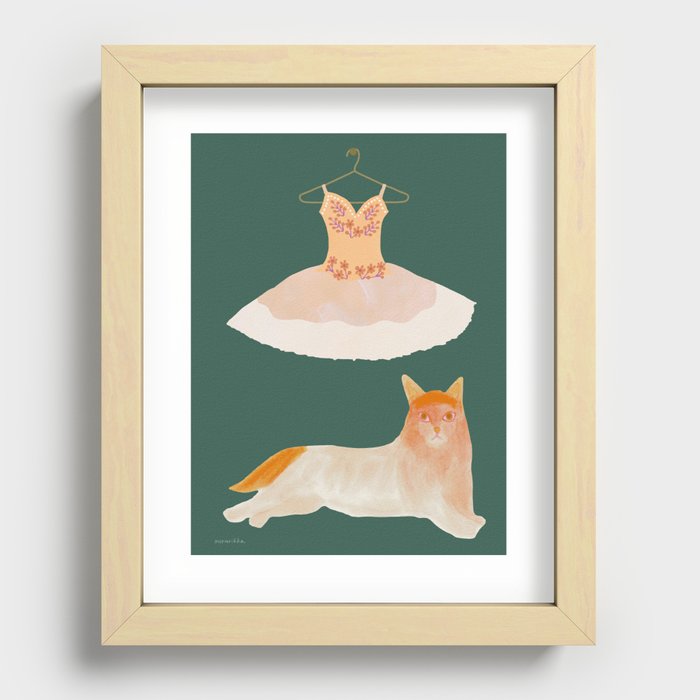 Cat and Ballet Tutu - Orange and Salmon and Green Recessed Framed Print