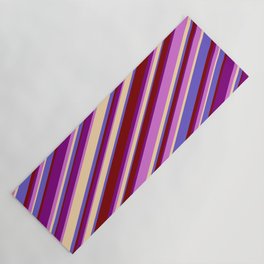 [ Thumbnail: Eyecatching Purple, Orchid, Tan, Slate Blue & Maroon Colored Lined Pattern Yoga Mat ]