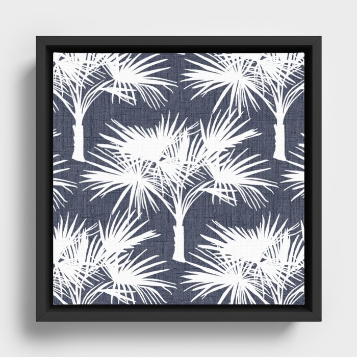 Palm Trees Retro Tropical White on Navy Framed Canvas