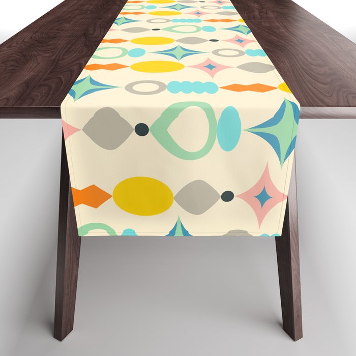 SUNCATCHERS MID-CENTURY MODERN ABSTRACT PATTERN in RETRO MULTI-COLOURS WITH YELLOW ON CREAM Table Runner