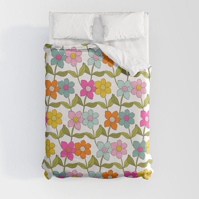 Retro 70s Colorful Smiley Flower Meadow Duvet Cover