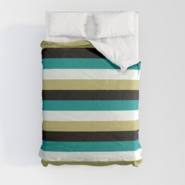 [ Thumbnail: Dark Cyan, Mint Cream, Dark Khaki & Black Colored Stripes Pattern Comforter ]