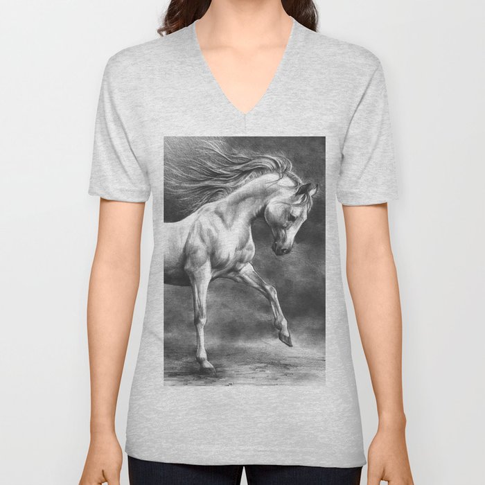 Running white horse - equine art V Neck T Shirt