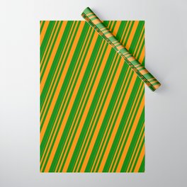[ Thumbnail: Dark Orange & Green Colored Stripes Pattern Wrapping Paper ]