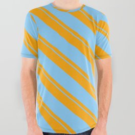 [ Thumbnail: Orange & Light Sky Blue Colored Striped/Lined Pattern All Over Graphic Tee ]