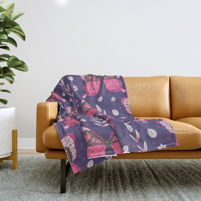 Wine Colored Butterflies on Blue Throw Blanket