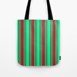 [ Thumbnail: Green & Brown Colored Striped/Lined Pattern Tote Bag ]