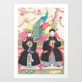 The Trophy Wife Art Print | Man, Peony, Watercolour, Dynasty, Colourful, Flower, Ink, Couple, Chinoiserie, Painting 
