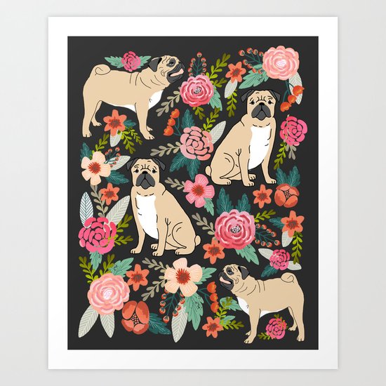 Pugs of spring floral pug dog cute pattern print florals flower garden nature dog park dog person Art Print