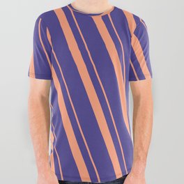 [ Thumbnail: Light Salmon and Dark Slate Blue Colored Lines/Stripes Pattern All Over Graphic Tee ]