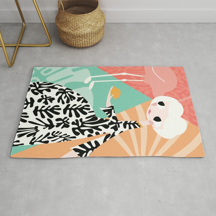 Girl with flamingo and Henri Matisse inspired decoration, vector illustration, geometric Rug