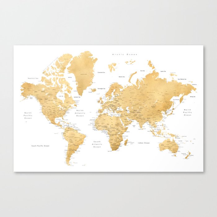 Gold world map with cities Canvas Print
