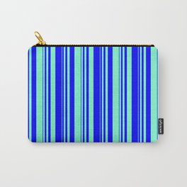 [ Thumbnail: Blue & Aquamarine Colored Striped Pattern Carry-All Pouch ]