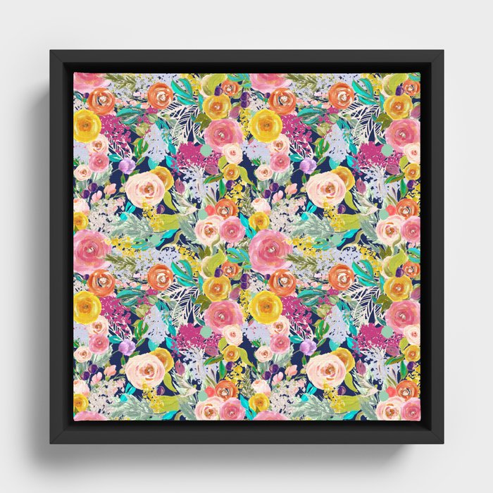 Autumn Blooms on Navy Seamless Repeat Framed Canvas