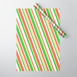 [ Thumbnail: Red, Tan, Lime Green, and White Colored Lined Pattern Wrapping Paper ]