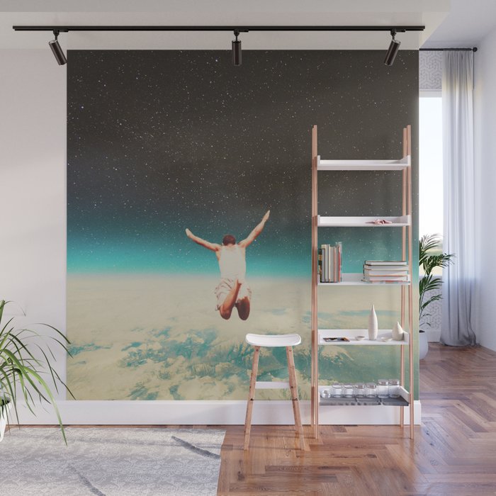 Falling with a hidden smile Wall Mural | Collage, Vintage, People, Sci-fi, Surreal, Space, Blue, Black, Universe, Falling