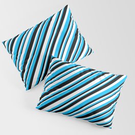 [ Thumbnail: Deep Sky Blue, Black, and White Colored Lined Pattern Pillow Sham ]
