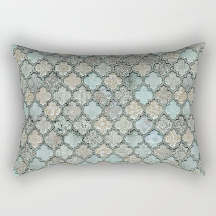 Old Moroccan Tiles Pattern Teal Beige Distressed Style Rectangular Pillow