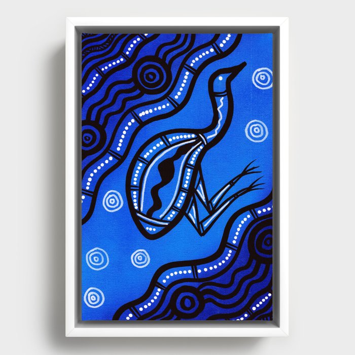 Authentic Aboriginal Art - Emu (blue) Framed Canvas