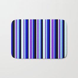 [ Thumbnail: Vibrant Light Cyan, Purple, Sky Blue, Blue & Black Colored Stripes/Lines Pattern Bath Mat ]