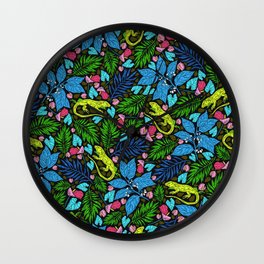 Tropical Lime-Green Lizards and Jungle Leaves Wall Clock