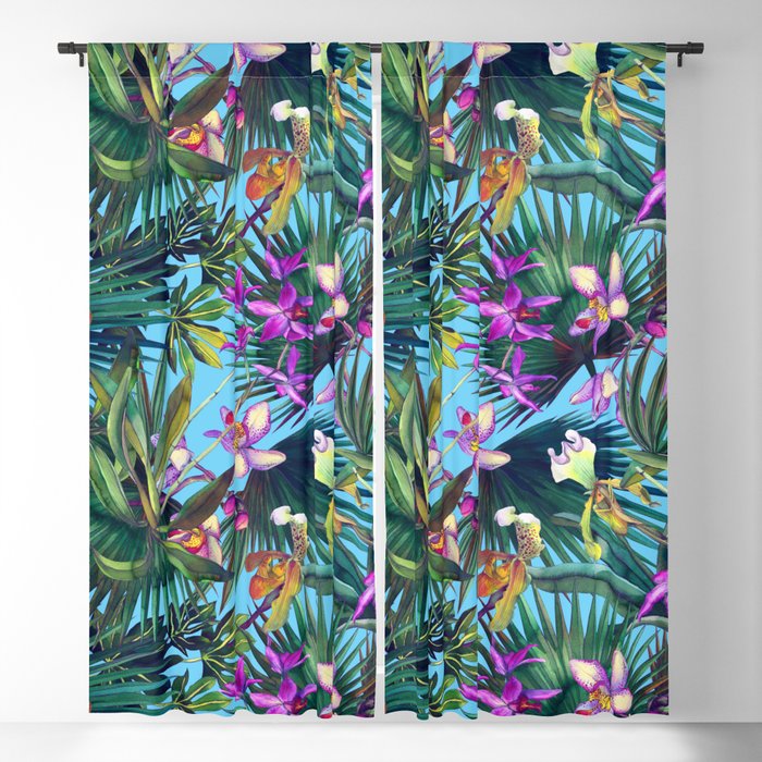 Tropical pattern with  orchids and palm leaves Blackout Curtain