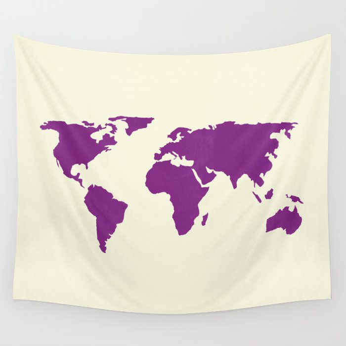 World Map - Ultra Violet on Cream Linen Wall Tapestry