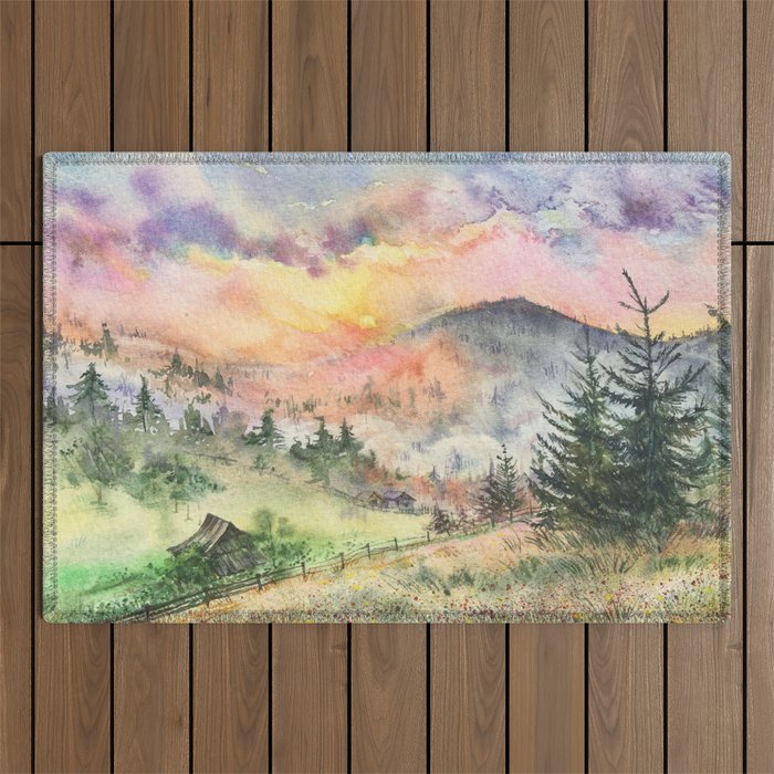 Misty Mountain Sunset Clouds Outdoor Rug