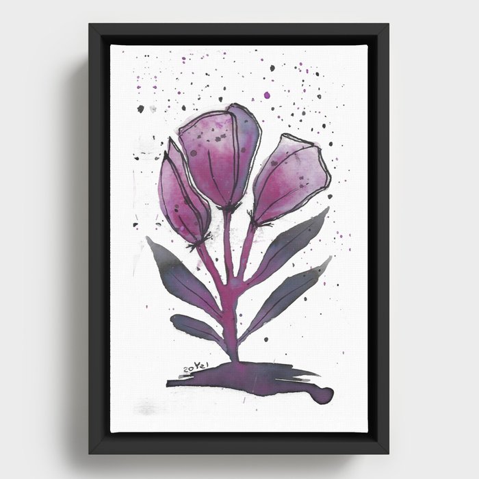 ink flowers and splatter - black and purple - yaara happy art Framed Canvas