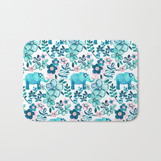 Dusty Pink, White and Teal Elephant and Floral Watercolor Pattern Bath Mat