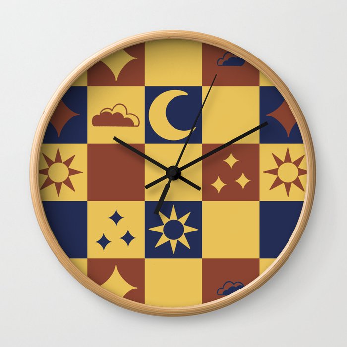 Medieval Celestial Banner Pattern in Red and Blue Wall Clock