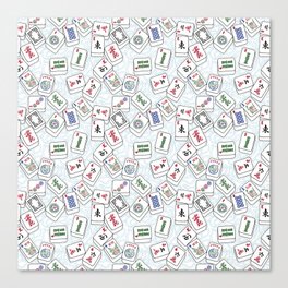 Mahjong Tiles Jumbled Across White Background With Swirls Canvas Print