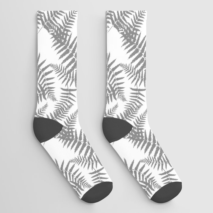 Grey Silhouette Fern Leaves Pattern Socks