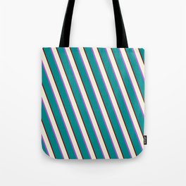 [ Thumbnail: Beige, Orchid, Dark Cyan, and Maroon Colored Striped/Lined Pattern Tote Bag ]