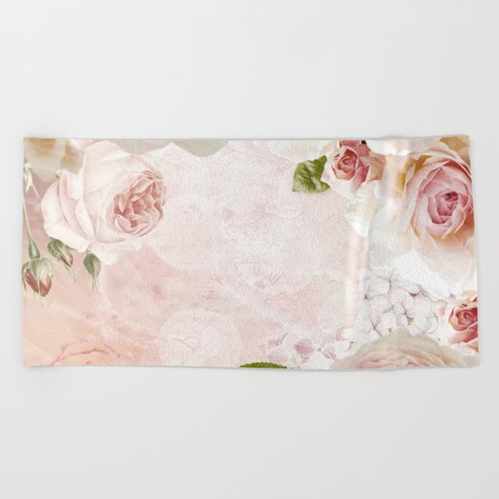 Vintage Flower Pink English Roses Collage Beach Towel