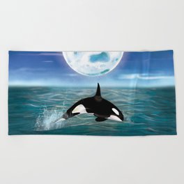 Orca swimming by the moonlight  Beach Towel