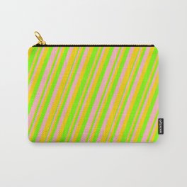 [ Thumbnail: Light Pink, Yellow & Chartreuse Colored Lines Pattern Carry-All Pouch ]