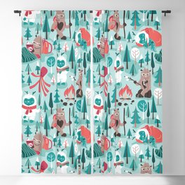 Besties // aqua background white Yeti brown Bigfoot teal and mint trees red and coral details Blackout Curtain