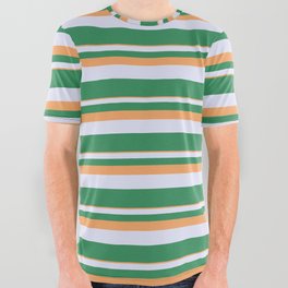 [ Thumbnail: Brown, Lavender, and Sea Green Colored Lines Pattern All Over Graphic Tee ]