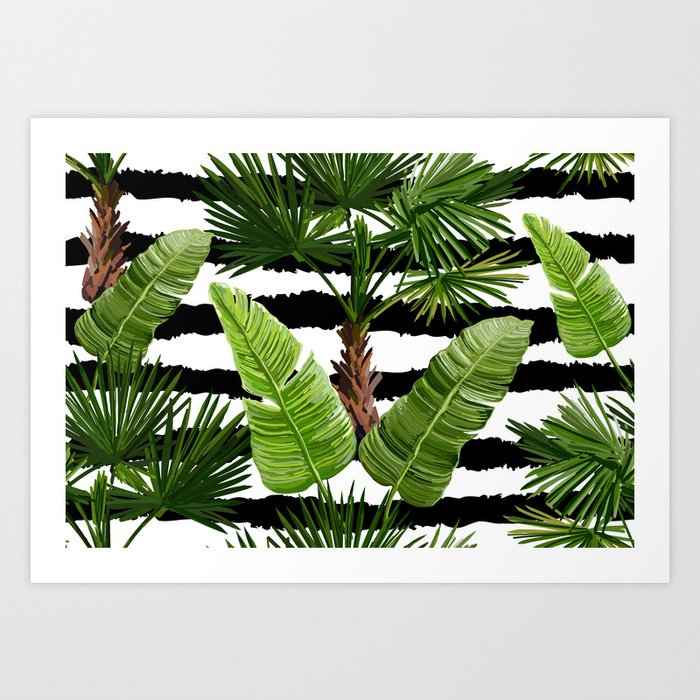 Beautiful seamless vintage floral summer pattern with palm trees, tropical leaves Art Print