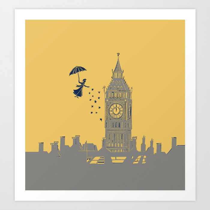 Mary Poppins and Big Ben in Mustard Yellow and Grey Art Print